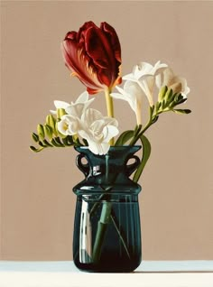 a painting of flowers in a vase on a table