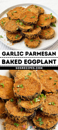 garlic parmesan baked eggplant on a white plate with text overlay