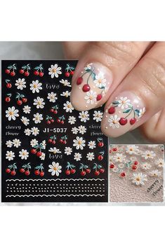 Flower Nail Art Stickers Decals Cherry Daisy 5D Nail Stickers Summer Slef-Adhesive Nail Art Supplies 2PCS Daisy Floral Nail Decals for Acrylic Nails Manicure DIY Nail Accessories Cherry Nail Art, Daisy Nail Art, Fruit Nail Art, Cherry Nails, Floral Nail, Daisy Nails, Nail Art Stickers Decals, Manicure Diy, Lines On Nails