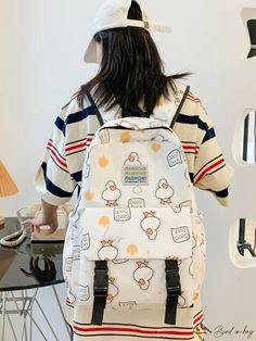 Bird in Bag - Portable Classic Casual Patchwork Little Duck Print Capacity Multi-Pocket Student Backpack School Supplies Perfect for School, College, Elementary School, Casual Student Backpack With Functional Pockets, Casual Student Backpack With Pockets, Trendy White Backpack With Pockets, White Backpack With Pockets For Back To School, White Backpack With Pockets For Daily Use, White Casual Backpack With Zipper Pocket, Casual White Backpack With Zipper Pocket, White Backpack With Functional Pockets, White Travel Backpack With Pockets