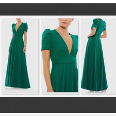 Ieena For Mac Duggal Chiffon Fabric (100% Polyester) Fully Lined Through Bodice And Skirt; Semi-Sheer Unlined Sleeves Plunge Neckline Puff Shoulder Short Sleeves Banded Waist Detail Concealed Back Zipper Available In Empress Green (Dark Green) Style #55681 $398 Green V-neck Maxi Dress For Gala, Green V-neck Evening Dress For Wedding Guests, Green Short Sleeve Maxi Dress For Formal Occasions, Formal Green V-neck Maxi Dress, Dark Green Style, Plunging Neck Dress, Plus Size 20, Plunging Neck, Butterfly Sleeve