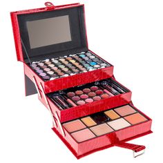 This Is a great starter kit for Makeup Newbies Eyeshadows, Blushes, Face Powders, Makeup Pencils Lipstick Tubes, Lip Glosses and Makeup Applicators Re-usable Makeup Storage box for all your storage needs Not Tested On Animals, Cruelty free makeup. Great gift for Holidays, birthdays and Valentines day. Designed in U.S.A with team of professional artists This holiday exclusive works perfectly for makeup novices. This space effective make up kit houses three distinct layers of makeup. The top layer is filled with 45 pigmented matte and shimmer shades to create an everyday or a more formal look. The second layer is includes: 12 lip gloss pans, two lip gloss tubes, two eyeliners, and two lipsticks. This kit is great for light to medium complexions with: light and medium concealer, one highlight Professional Makeup Artist Kit, All In One Makeup, Make Up Kits, Professional Makeup Kit, Makeup Starter Kit, Powder Lipstick, Makeup Artist Kit, Makeup Storage Box, Cosmetic Sets