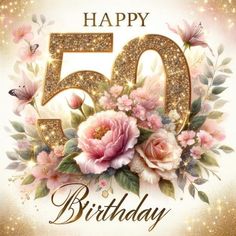 an image of a birthday card with flowers and sparkles on the number fifty five