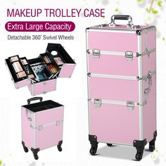 This heavy-duty 3-in-1 cosmetic case trolley is constructed of premium aluminum in a solid structure with a max load capacity of up to 66 lb. It contains 2 compartments and 1 middle tray for organizing different sizes and shapes toiletry and accessories neat and in order. The detachable design allows its upper case to be used separately to meet your needs. This rolling lockable makeup case trolley features 4 casters for smooth, quiet and omni-directional mobility and sturdy lockable latches for Makeup Trolley, Penyimpanan Makeup, Rolling Makeup Case, Makeup Train Case, Cosmetic Box, Makeup Salon, Beauty Case, Train Case, Makeup Box