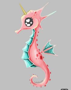 a pink and blue sea horse with horns