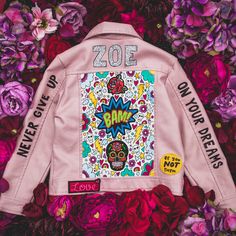 PINK LEATHER JACKET, Personalised Hand Painted Zaradreamland Bespoke Faux Biker Jacket With Embroidered Patches and Empowering Messages - Etsy UK