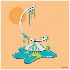 an illustration of a dripping crescent on top of a blue puddle with the sun in the background