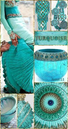 turquoise and gold is featured in this collage with many different pictures, including an ornate vase