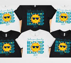 Group family shirt featuring "Beach Trip" with a big sunshine. Perfect for adults and kids & sure to be a hit!  Adult shirts -Bella Canvas T shirt -Soft fabric with a quality design -Ribbed knit collar for best fit -Runs true to size Infant shirts and bodysuits are made with the brand Rabbitskins. Toddler and Youth shirts are made with Bella Canvas brand.   Size -Please see our sizing chart in this listing -Note that the sizes are unisex fit -To get an idea of your best fit, lay one of your best Sunshine Shirt, Family Beach Trip, Beach Vacay, Johnson Family, Group Shirts, Summer Trip, Family Beach, Family Shirt, Adulting Shirts