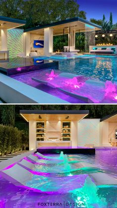 this is an image of a pool with lights in it