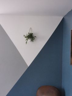 a brown chair sitting next to a wall with a plant hanging on it's side