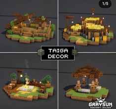 three different views of a small house made out of lego blocks and bricks, with the text'taiga decor'above it