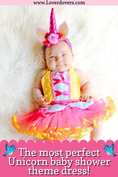 Hey moms! Looking for a perfect baby shower theme? Presenting this perfect and adorable unicorn baby shower theme for you! Every guest will surely enjoy this colorful unicorn baby shower idea! Shop dress now! Baby Unicorn Costume, Unicorn Baby Shower Theme, Girl Unicorn Costume, Infant Costume, Baby Apron, Apron Design, Baby Costumes Girl, Unicorn Outfit