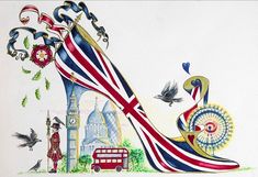 a drawing of a high heeled shoe with the british flag painted on it's side