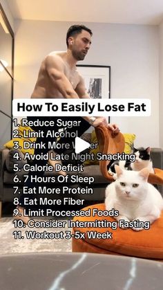 Fitchampion on Instagram: "🔔 HOW TO EASILY LOSE FAT🔔
1. Limit Sugar: Cutting out sugary foods and drinks reduces empty calories and prevents fat storage.
2. Limit Alcohol: Alcohol adds excess calories and disrupts metabolism, making fat loss harder. 
3. Drink More Water: Staying hydrated boosts your metabolism and helps control hunger.
4. Get 7 Hours Of Sleep: Quality sleep is essential for hormone regulation and fat loss. 
5. Eat More Protein: Protein keeps you full longer and helps preserve muscle during weight loss.
6. Eat More Fiber: Fiber-rich foods aid digestion and help you feel satisfied on fewer calories.
7. Exercise 3-5 Times a Week: Regular exercise, especially strength training, accelerates fat burning and improves fitness.
8. Consider Intermittent Fasting: Helps control calo Limit Alcohol, Eat More Protein, Hormone Regulation, 7 Hours Of Sleep, More Protein, Fiber Rich Foods, Sugary Food, Quality Sleep, Late Night Snacks