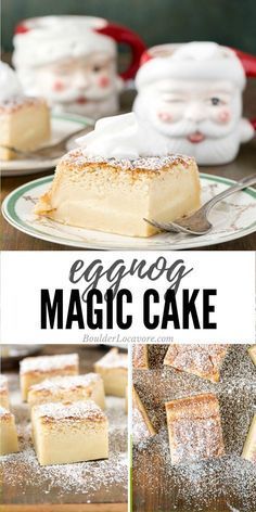 a collage of images showing how to make an eggnog magic cake for christmas