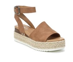 Synthetic upper,Adjustable buckle closure strap at ankle,2 1/4 inch wedge heel height,1 1/2 inch platform height,Open toe,Smooth footbed,Espadrille wrapped midsole,Durable outsole,Smooth strap lining | Women's Soda Topic Flatform Sandals in Tan Size 6.5 Medium Trendy Ankle Strap Espadrilles For Vacation, Summer Adjustable Platform Footbed Sandals, Summer Platform Footbed Sandals For Vacation, Trendy Sandals With Woven Sole For Beach Season, Trendy Sandals With Woven Sole For Summer, Trendy Sandals With Woven Sole For Summer Outings, Summer Beach Footbed Platform Sandals, Summer Platform Footbed Sandals For Beach, Beach Open Toe Slingback Sandals With Platform