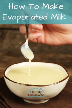 how to make evaporated milk in a white bowl with a spoon and brown napkin