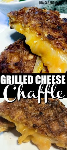 two grilled cheese sandwiches on a plate with text overlay that reads grilled cheese sandwich chaffle