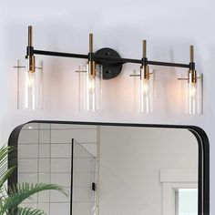 a bathroom vanity with three lights and a mirror on the wall next to a potted plant