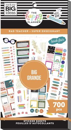 the happy planner big grande sticker book is shown in orange and black stripes