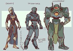 three different types of robot suits and helmets