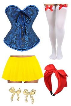 blue corset, yellow mini skirt, bow earrings, red hair bow, white knee high socks with red bow Snow White Halloween, Halloween Ideias, White Halloween Costume, Disney Princess Halloween Costumes, Snow White Halloween Costume, Snow White Costume, Fairy Halloween Costumes