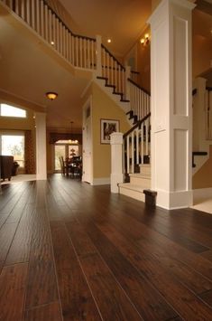 an empty house with wood floors and stairs