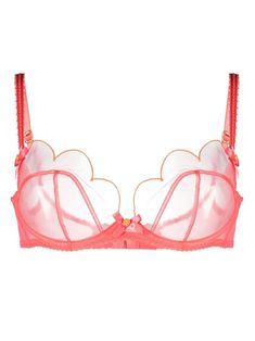 Lorna scalloped balconette bra from AGENT PROVOCATEUR featuring coral pink, scallop edge, mesh detailing, panelled design, balconette style, adjustable shoulder strap and rear hook and eye fastening. Just a reminder that this piece must be tried on over your own garments.. Pink Bustier Bra, Pink Bustier, Ideal Closet, Rosa Coral, Pretty Bras, Sheer Bra, Scallop Edge, Balconette Bra, Agent Provocateur