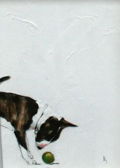 a painting of a dog playing with a ball on the ground in front of a white wall