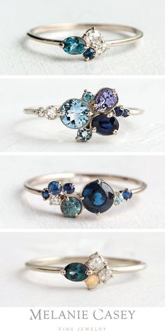 three different types of rings with blue, green and white stones on each one side