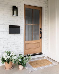 two potted plants are sitting on the front porch next to a door with a mailbox