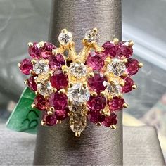 Vintage 14k Yellow Gold Diamond & Ruby Butterfly Ring. 1.50 Carats. Size 5. 5.2 Grams. Pt1286 Pink Diamond Cluster Ring With Multi-stone, Pink Diamond Multi-stone Jewelry, Pink Formal Cluster Ring With Prong Setting, Pink Cluster Ring For Formal Occasions, Pink 14k Gold Pear-shaped Jewelry, Pink Multi-stone Cluster Jewelry, Pink Pear-shaped 14k Gold Jewelry, Pink Cluster Multi-stone Jewelry, Formal Pink Diamond Cluster Ring