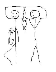 a drawing of two people hanging upside down