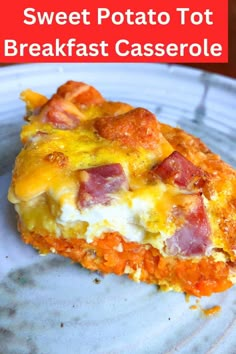 a piece of sweet potato tot breakfast casserole on a blue plate with text overlay