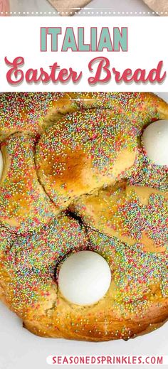 an easter bread with eggs in it and sprinkles on the top is shown