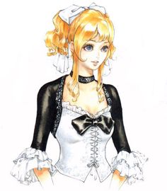 a drawing of a woman wearing a white dress and black jacket with long blonde hair