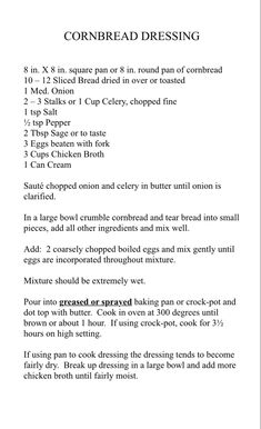 the recipe for cornbread dressing