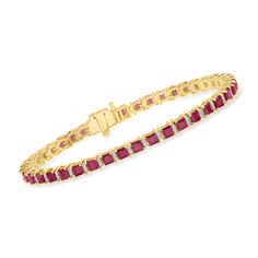 Ross-Simons - 9.50ct t. w. Ruby Tennis Bracelet, .50ct t. w. Diamonds Over Sterling. 7". An RS exclusive. With its rich color and traditional appeal, this 9.50 ct. t. w. square ruby tennis bracelet is an absolutely stunning piece for any fine collection, but especially one of a July baby. For added opulence, .50 ct. t. w. diamond rounds sparkle from either side of the robust ruby gems. Set in polished 18kt yellow gold over sterling silver. Double-latch safety. Box clasp, diamond and ruby tennis Safety Box, July Baby, Fine Jewelery, Natural Gold, Box Clasp, Sky Blue Topaz, Tennis Necklace, Ruby Jewelry, Cz Stud Earrings