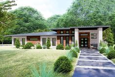 this is an artist's rendering of a modern house in the woods with trees and shrubs