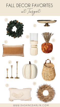 the fall decor favorites at target, including pumpkins, candles and other items