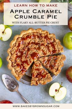 an apple caramel crumble pie with text overlay