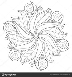 an abstract black and white drawing of leaves with swirls in the center on a white background