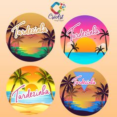 four round stickers with the names of different countries and palm trees in front of a sunset