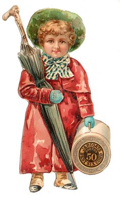 a little boy in a red coat and green hat holding an umbrella with the number 50 on it