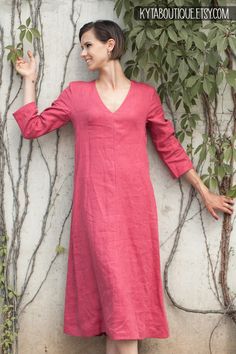 This minimalist design linen maxi dress is made from stonewashed Lithuanian linen. It is dedicated to your comfortable summer day, when you need to move easily, without restrains. This linen kaftan dress has 3/4 sleeves, loose silhouette, two side pockets and hidden zipper from the back that won't irritate your skin and is almost invisible. Dress has elegant and feminine V neckline. There is a possibility to choose any color from the color palette - there is more than 20 colors, so I hope you wi Spring V-neck Dress With Natural Dye, V-neck Dresses With Natural Dye, Summer Linen Dress With Natural Dye, Linen Kaftan Dress, Linen Dresses For Women, Linen Kaftan, Dress Linen, Linen Maxi Dress, Romantic Dress