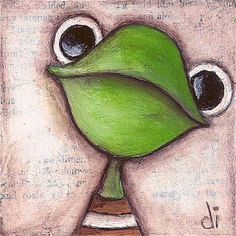 a drawing of a green frog with big eyes