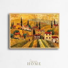 a painting on a wall with the words welcome home written in gold and green colors