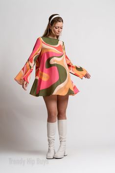 Rich 60s Fashion, 1970s Formal Fashion, 70s Dinner Party Fashion, Groovy Glam Outfit, 70s Flare Sleeve Dress, Bell Sleeve Dress 70s, Vintage Orange Dress, Bohemian A-line Mini Dress For Party, Multicolor Mini Length Hippie Dress