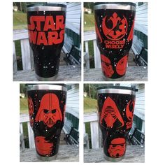 four shots of star wars themed tumblers with red and black designs on them, including darth vader